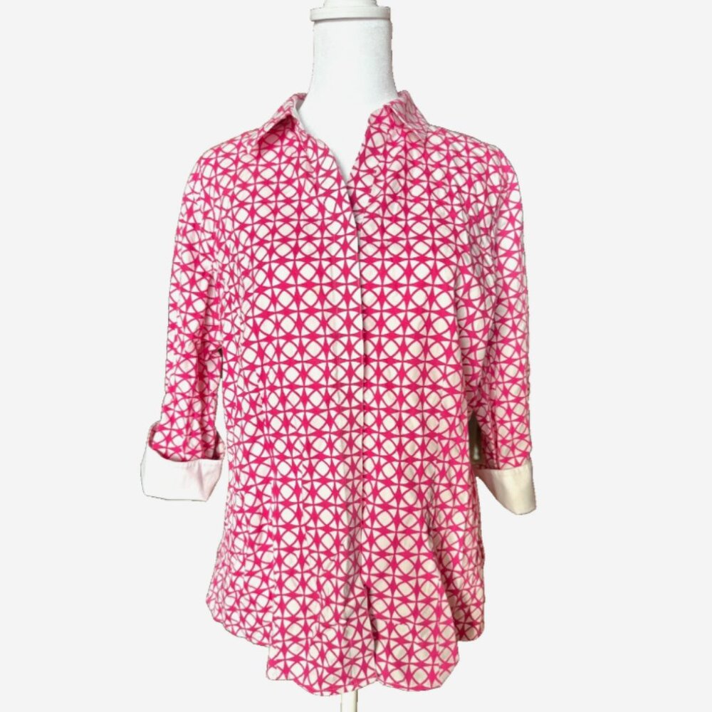 Chico’s Women’s Size 2 (L)‎ Pink White Geometric Print Button-Down Blouse